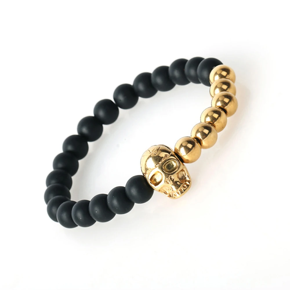 North Skull Bracelet Mens 8mm Black Stone Beads Elastic Bracelet Bangle
