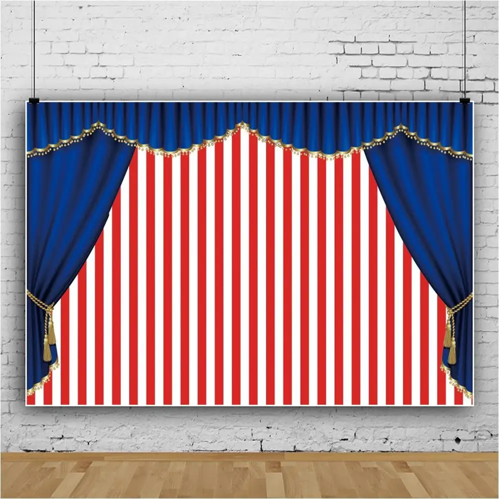 Stage Backdrops For Photography Blue Curtain Red Stripes Baby Birthday Party Photographic Backgrounds Photocall Photo Studio