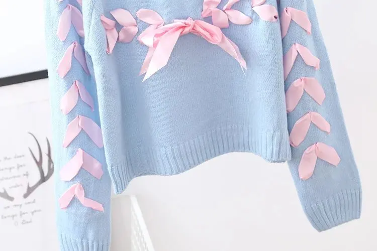 Осенние Японские Женские свитера, мягкие, на шнуровке, с лентами, для молодых девушек, в консервативном стиле, милые, Вязаные Рубашки, однотонный розовый свитер