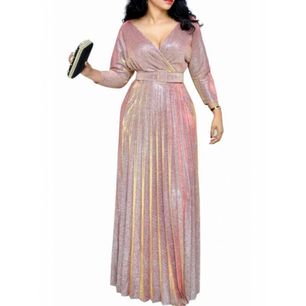 

2019 Reflective Long Dress Women Pleated Sexy Deep V Evening Elegant Robe Spring High Waist Fashion Belt Party Pink Maxi Dresses