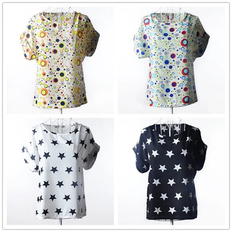 Summer Style Big Dots Women Blouse 19 Type Large Size Woman Printing Blouse Shirt Short-sleeved Chiffon Blusas Femininas Roupas (3)