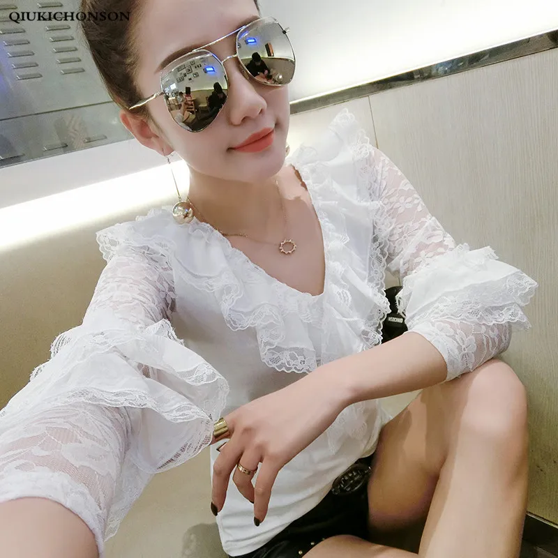

Spring summer long sleeve blouse tops ladies ruffle lace patchwork hollow out off shoulder blouses double v neck women shirts