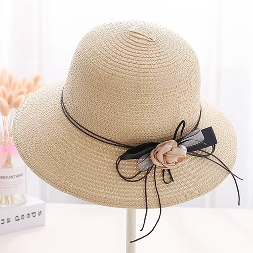 Для женщин Летняя шляпа kapeluzz damski lato Chapeau Femme Ete плоские поля соломенная шляпа Bowknot шапки для цветок Защита от солнца - Цвет: Sunhat-Beige