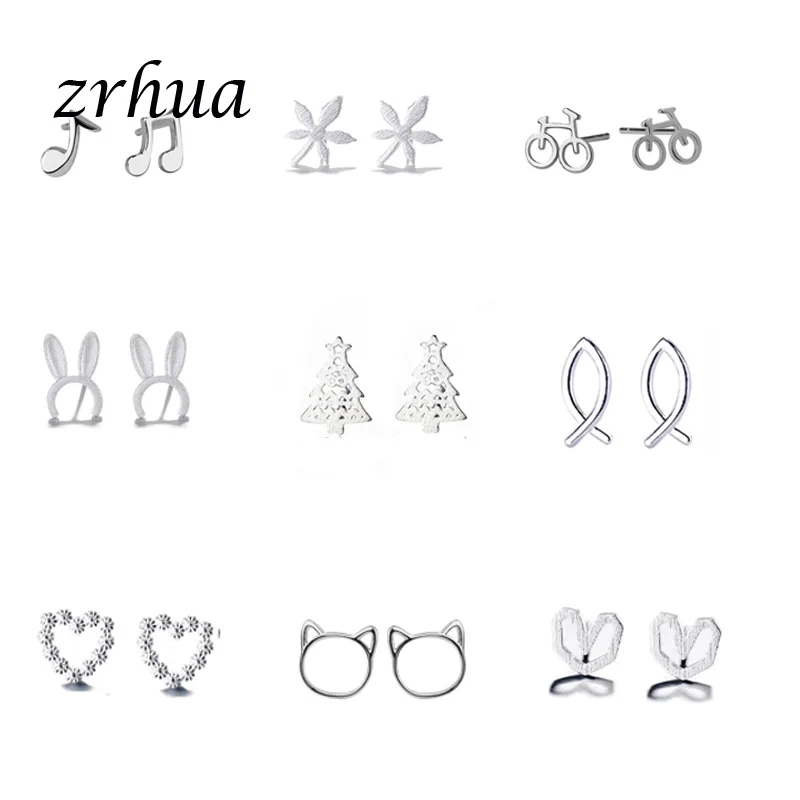 

ZRHUA Wholesale 925 Sterling Silver Cool Earrings Girls Cute Animal Flower Sparkling aretes 2019 Christmas Gifts for Women Lover