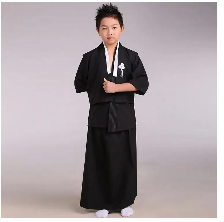 Black Japanese Baby Boys Kimono Child Warrior Cosplay Costumes Traditional Swordmen Yukata Kid