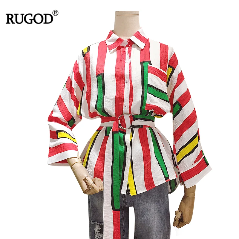 

RUGOD 2017 Autumn New Arrival Women Shirt Colorful Striped Loose Female Blouse Streetwear Turn-down Collar Long Sleeve Lady Tops