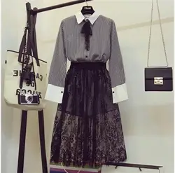2018 новые весенние женские свободные клетчатые блузки с длинными рукавами, рубашка + Черная кружевная юбка средней длины, комплекты из двух