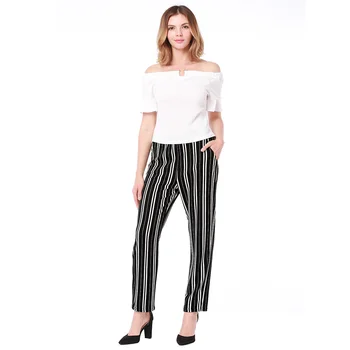 

New Fashion Elastic Waist Striped Pants casual pencil pants Pocket Mid Waisted Straight Pants Female