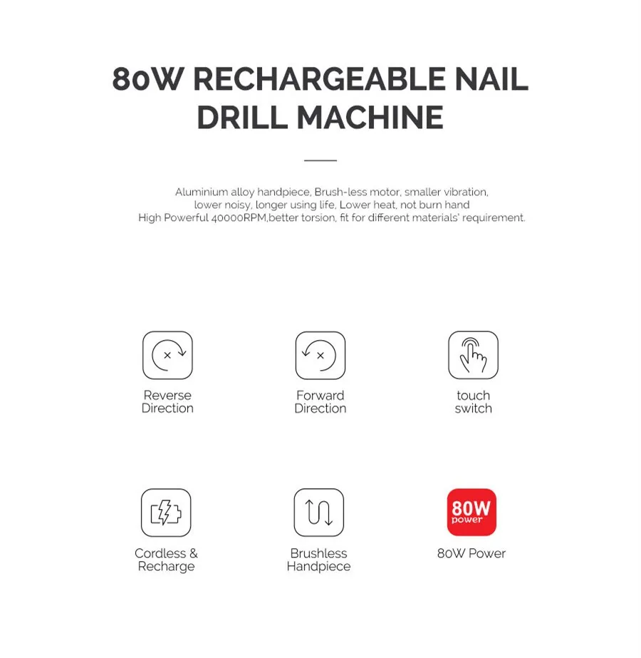 Портативная дрель для маникюра, Новое поступление, 40000 об/мин, мощный бесщеточный аппарат для маникюра, 80 Вт, инструменты для маникюра, электрическая пилка для ногтей
