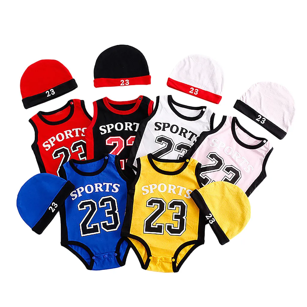 

Kid Toddler Boys Sleeveless Number Sport Bodysuit Summer Baby Boy Girl Cotton Breathable Jumpsuit Casual+Infant Cap Outfits Set