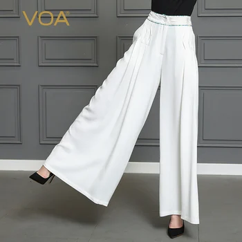 

VOA Heavy Silk Office Wide Leg Pants Solid White Long Trousers Women Plus Size 5XL Loose Casual Basic Solid Brief Female K363
