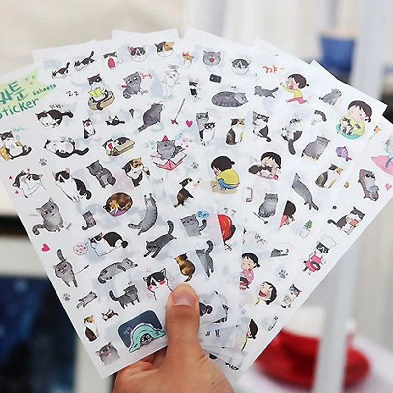 

6Pcs decorative stickers Creative transparent PVC cute black and white cat album Diary Scrapbooking Flakes Laptop sticker
