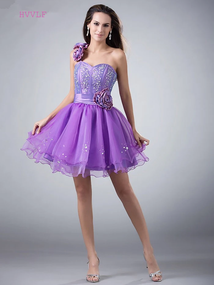 

Lavender 2019 Party Homecoming Dresses A-line One-shoulder Short Mini Organza Flowers Crystals Elegant Cocktail Dresses