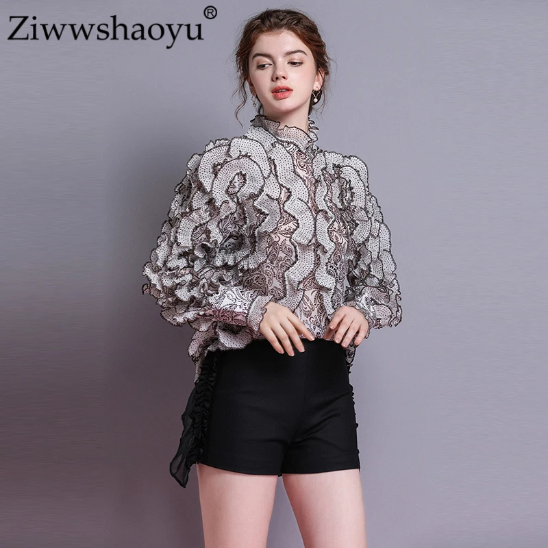 

Ziwwshaoyu Spring and summer New Spring Women's Full Sleeve Patchwork Print Pleated Luxury Vintage Ruffles Blouse