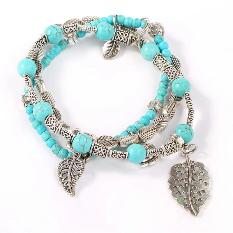 

Boho Multilayer Turquoises Beads Charm Bracelets for Women Vintage Flower Leaf Stone Bracelets & Bangles Pulseras Ethnic Jewelry