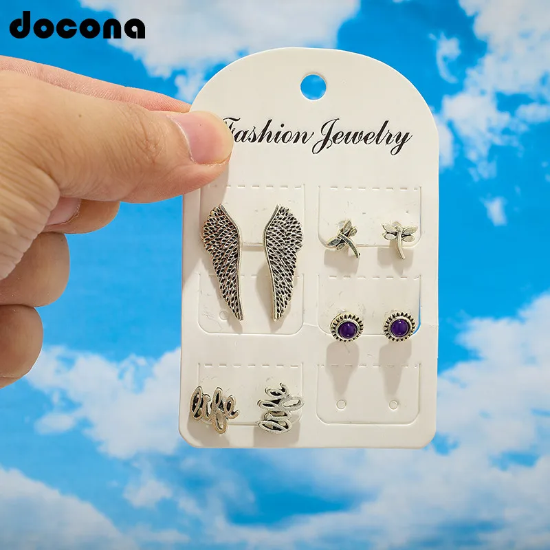 

Docona Vintage Silver Color Letter Wing Stud Earring Set for Women Antique Geometric Stud Earring Party Jewelry Brincos 2028