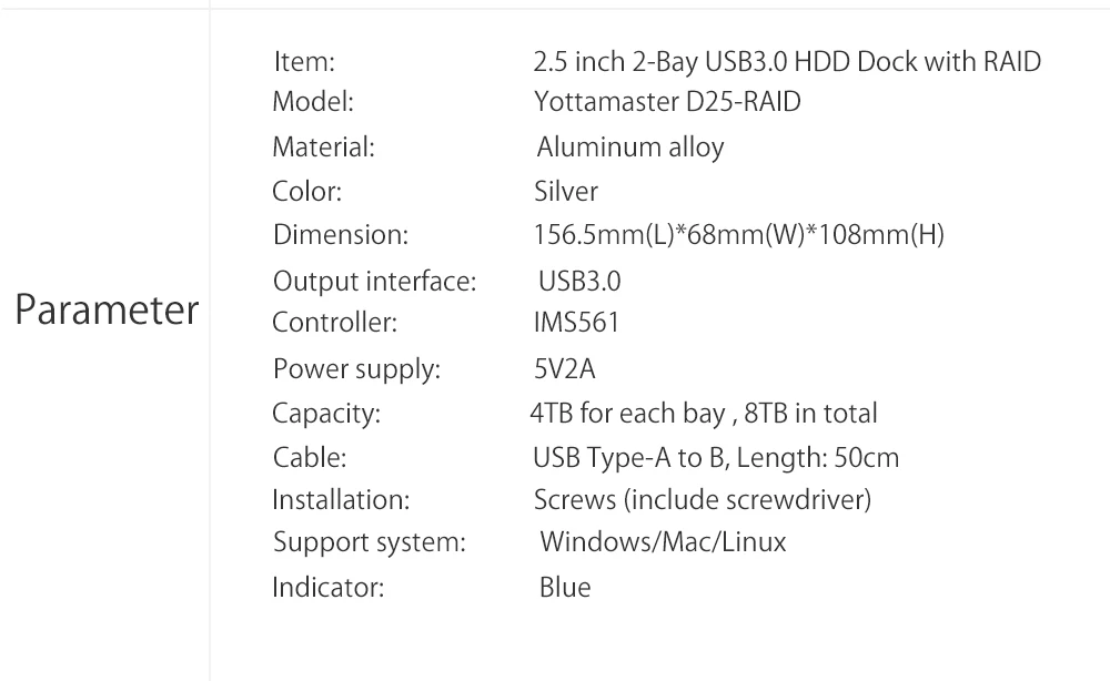 Yottamaster высококлассная док-станция для HDD Dual-bay 2,5 дюймов USB3.0 to SATA3.0 внешний HDD чехол 8 ТБ поддержка Raid 0/1/SPAN