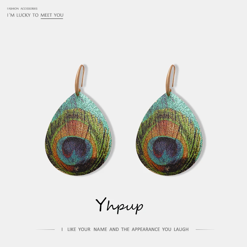 

Yhpup Personality Brand Temperament Geometric Ethnic Dangle Earrings Peacock Feather Copper Earrings Female Party Jewelry Gift