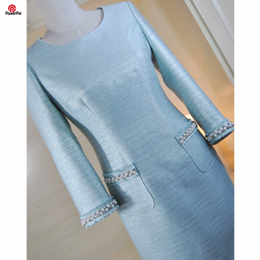 

Simple Noble Elegant Thin Tweed Dress Pearls Pocket Seven Sleeves Spring Summer Women Dresses Big Size Tailor Custom