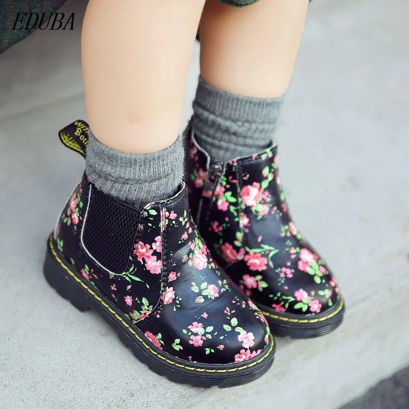 

Winter Children Shoes PU Leather Waterproof flower Martin Boots Kids Snow Boots Brand Girls Boys Rubber Boots Fashion Sneakers