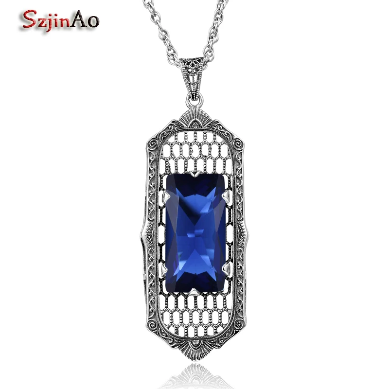 

Szjinao Brand Sharma Long 925 Sterling Silver Stones Pendant Sapphire Bohemian Necklace Women Vintage Fine Jewelry bijouterie