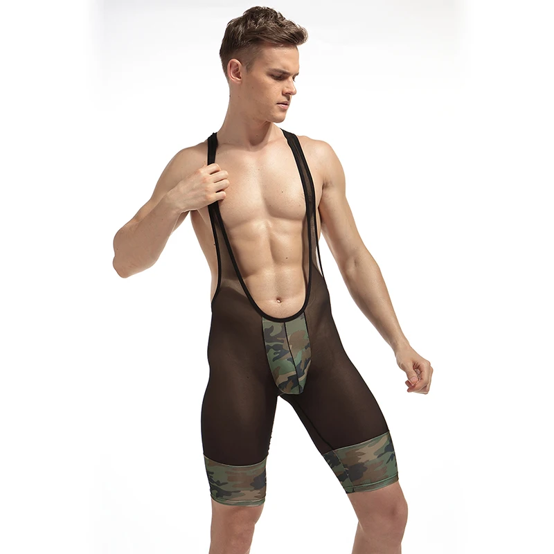 Men Mesh Swimsuit Sexy Fashion See Camouflage Soft Breathable Underwear Transparent Shorts Bodysuits Boxers Wrestling Suits