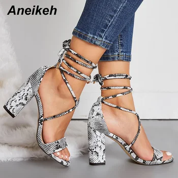 

Aneikeh 2019 Summer Serpentine PU Shoes Women Sandals Sexy Open Toe Gladiator High Heels Women Shoes Size 41 42 Sandalias mujer