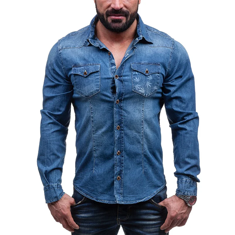 

Denim Shirt Men Fashion Autumn Long Sleeves Shirt Casual Slim Fit Denim Tops Streetwear High Quality Printed long-sleeve shirt