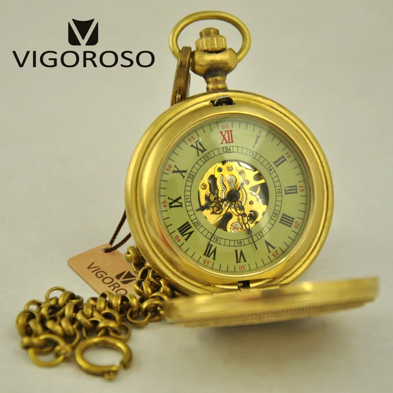 VIGOROSO Роскошные карманные часы под старину Wind up механические часы Высокое качество Чистая медь Брелок с цепью часы римские цифры Аналоговый