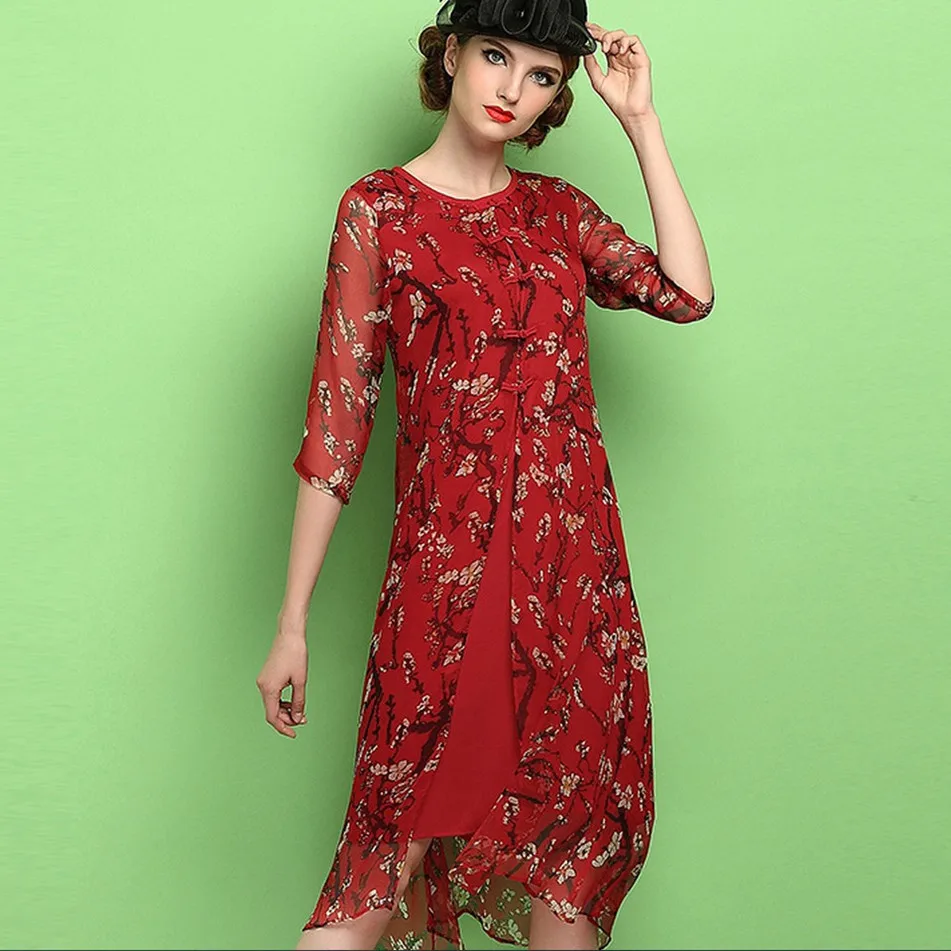 2016 new women slim silk dress summer elegant dress silk printed knee ...