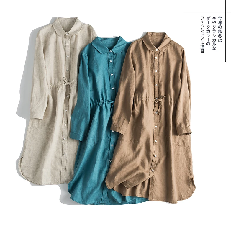 

Spring Autumn Women Loose Plus Size Japanese Style Mori Girls Elastic Waist Comfortable 14*14 Water Washed Linen Shirt Dresses