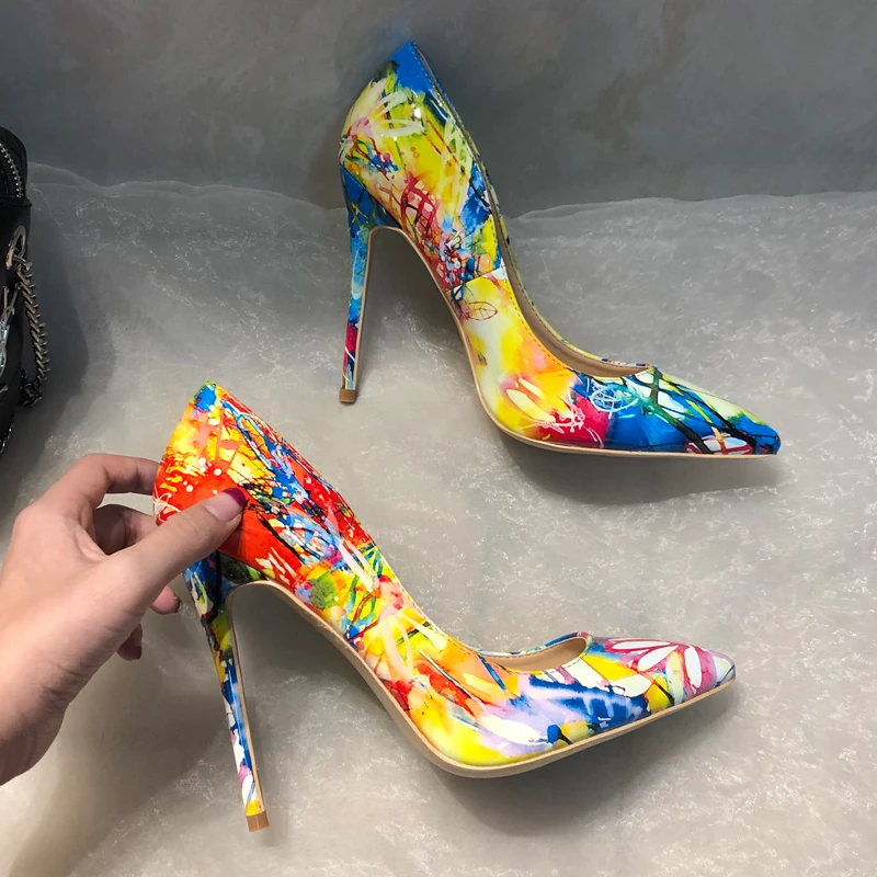 Free Shipping Fashion Women Designer Brand New Multi Color Printed Patent  Point Toe High Heels Pumps Shoes Stiletto 33-43cm 12cm - Pumps - AliExpress