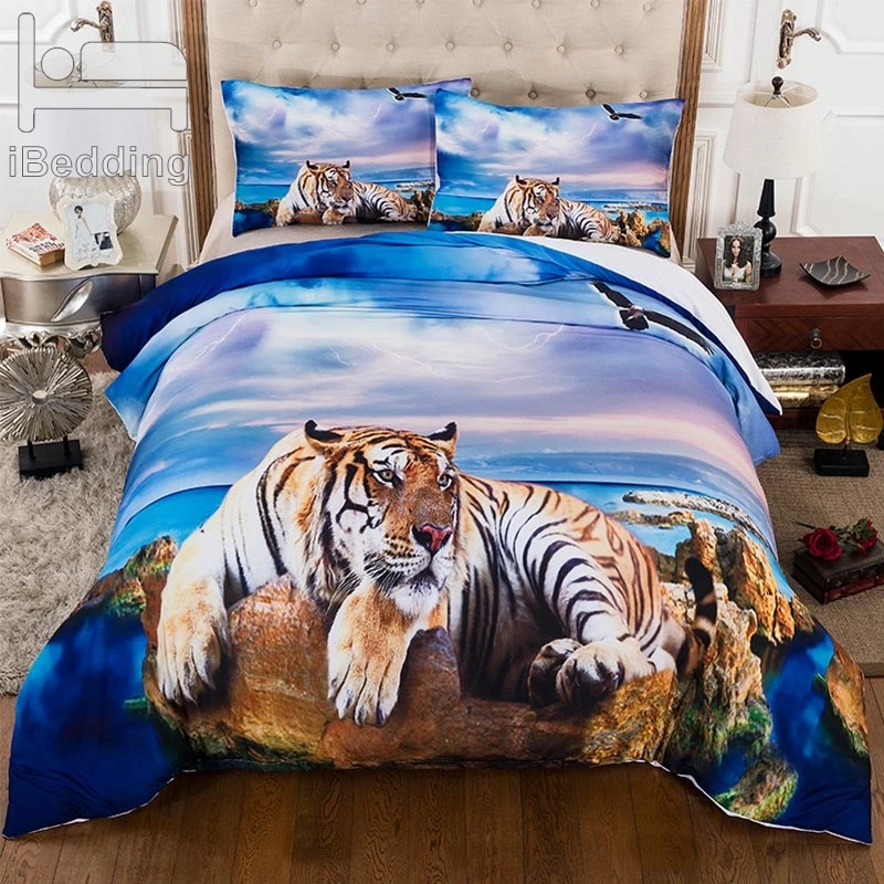 3Pcs/Set Lying Tiger Comforter Bedding Sets Duvet Cover Set Blue Bed