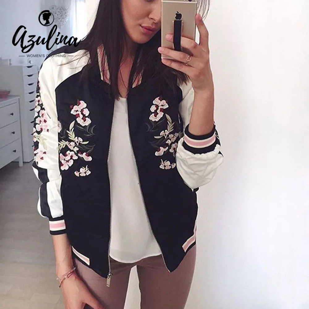 AZULINA Reversible Jacket Coat Floral Embroidered Bomber Jacket Women Autumn...