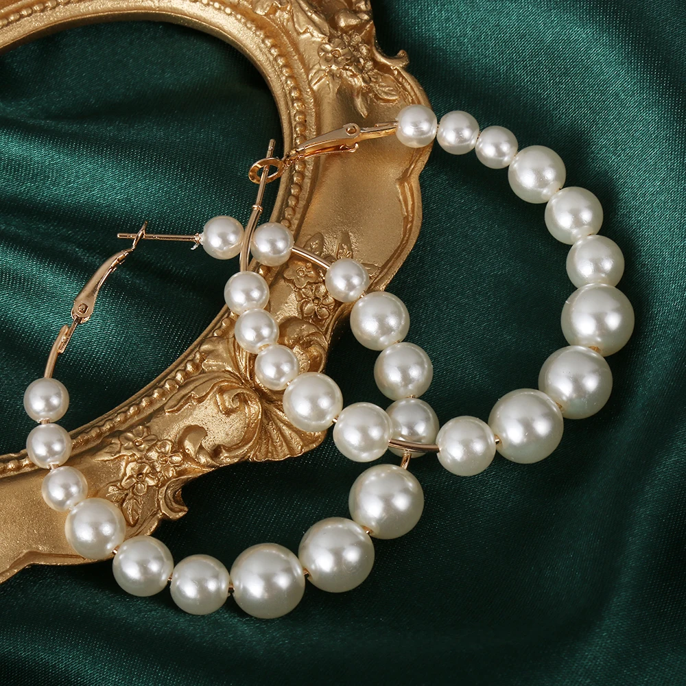 

Elegant White Pearls Round Hoop Earrings Women Small Big Pearl Circle Earrings Fashion Women Wedding Engagement Jewelry