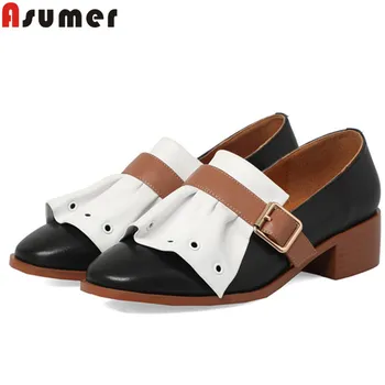 

ASUMER 2019 hot sale new pumps women shoes square toe shallow med heels shoes genuine leather shoes mixed colors female shoes