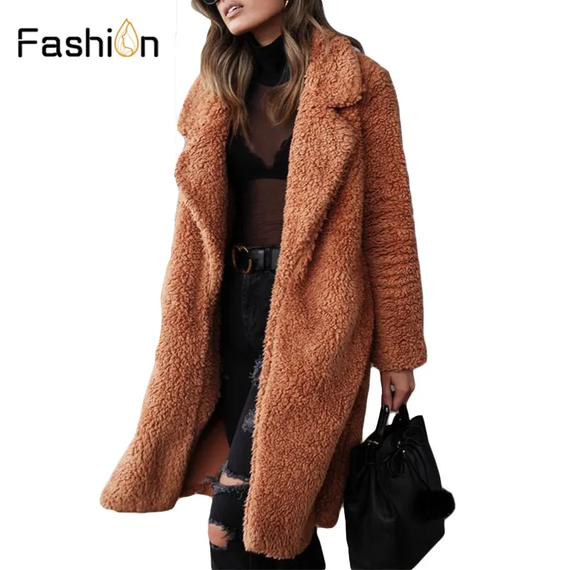 New Year Spring Faux Fur Teddy Bear Coat Jacket Women Fashion Open Stitch Hooded Coats Female Tops Long Sleeve Fuzzy Jackets