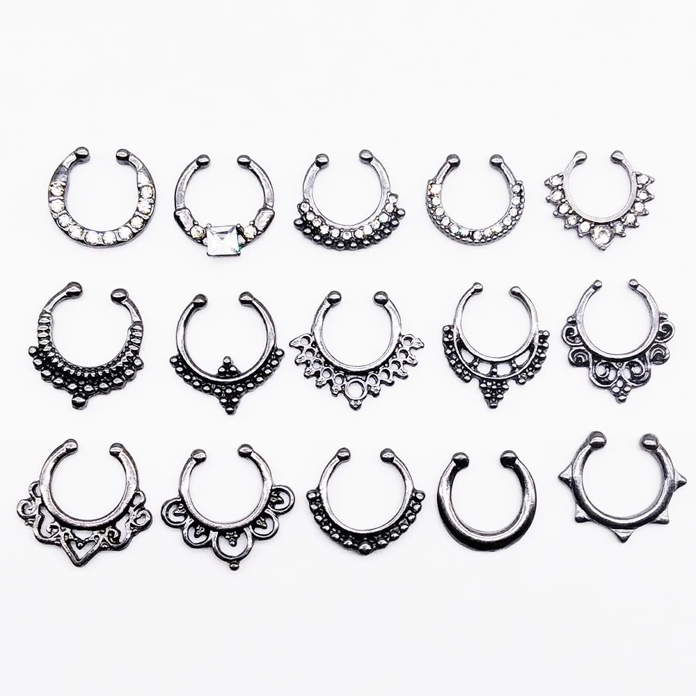 

Black Color Crystal Fake Nose Ring Fashion Round Septum Piercing Clicker Faux Clip Non Body Hoop for Women Wholesale Jewelry YSZ