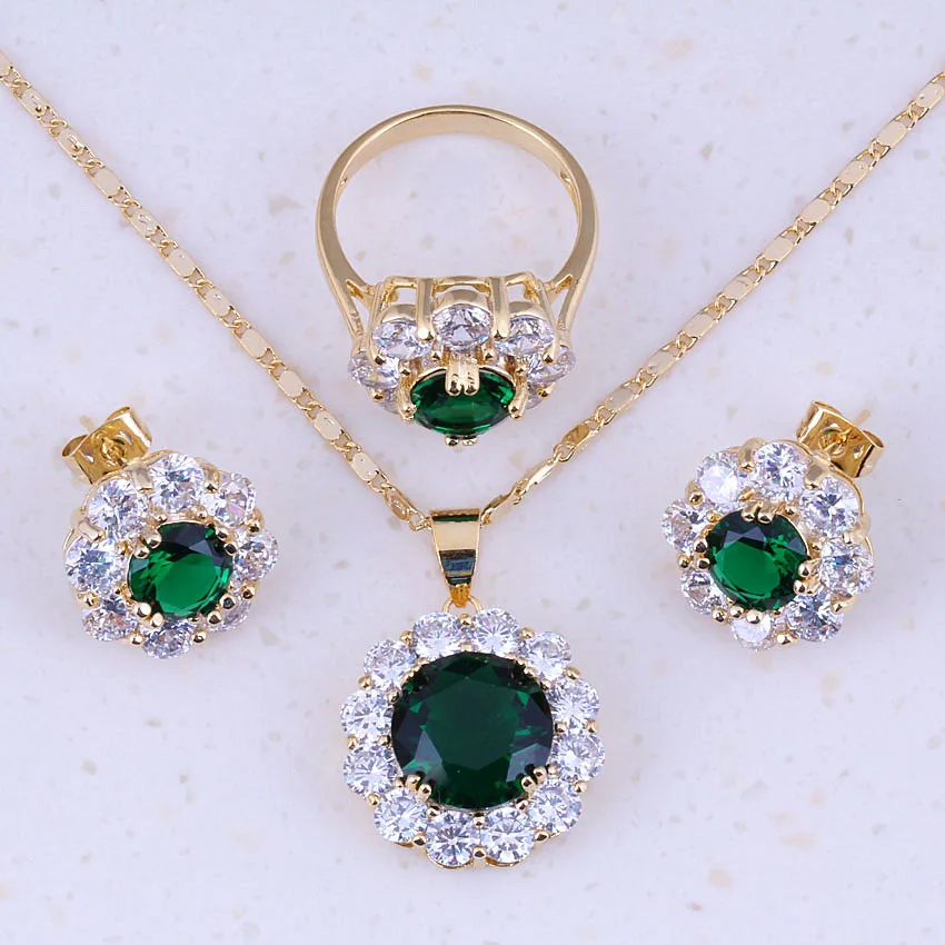 

High Quality Green Crystal & White Cubic Zirconia Yellow Gold Color Jewelry Sets Women Fashion Jewelry Free Shipping A0021