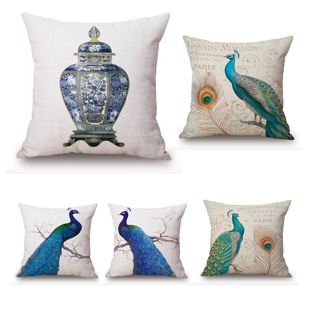 Blue and White Porcelain Peacock Neck Body Pillowcase Linen