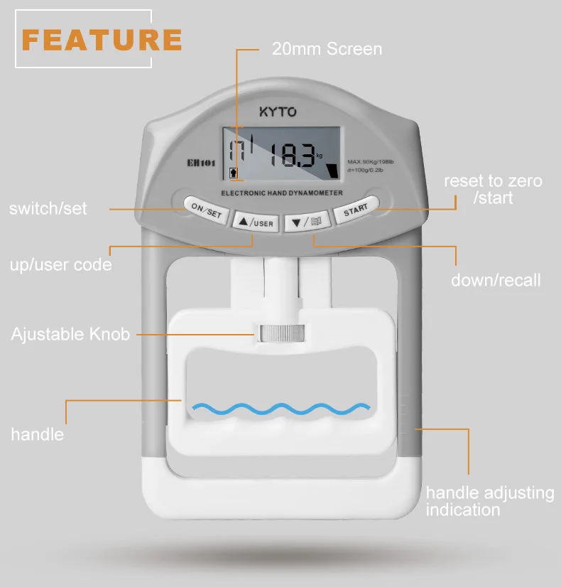 Цифровой Ручной динамометр KYTO, измеритель прочности, автоматический захват, ручной захват, мощность 200 фунтов/90 кг