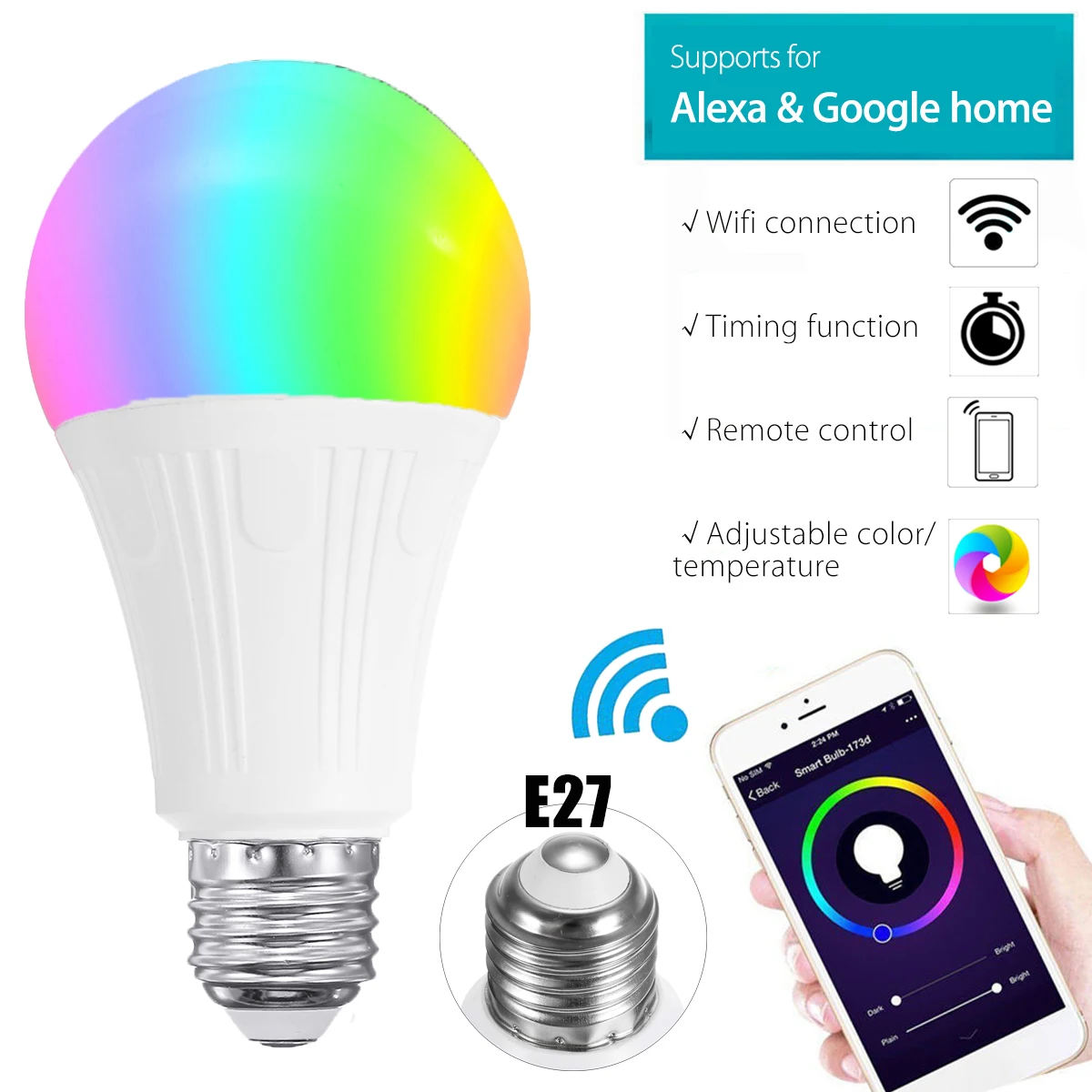 

Smuxi Magic E27 Wireless WiFi APP RC Smart Bulb Lamp 7W Light Color Change Dimmable RGB For Echo Alexa Google Home Hotel