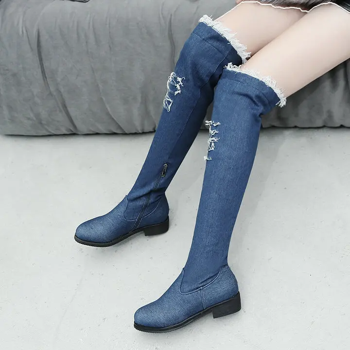 Женские Великолепные ботфорты выше колена из синей джинсовой ткани сапоги до бедра на плоской подошве осенне-зимняя женская обувь на молнии г. Размер 34-43