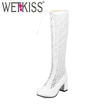 WETKISS/летние кружевные женские сапоги на высоком толстом каблуке; обувь до колена с круглым носком; сезон осень; модные сапоги; коллекция года; женская обувь с перекрестной шнуровкой