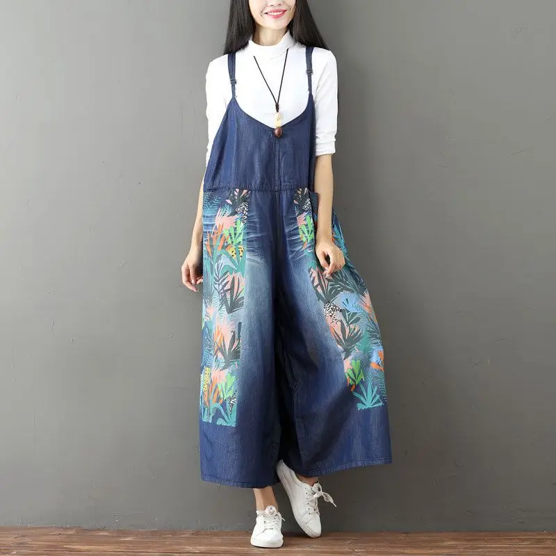 Ladies Denim Printed Loose Jumpsuits 2017 Female Retro Vintage Bleached