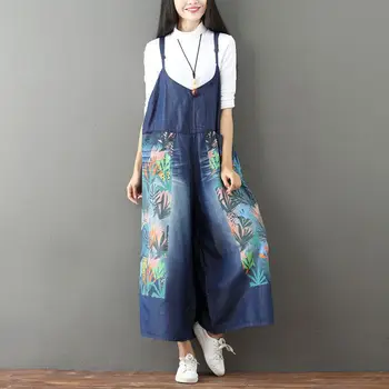 

Ladies Denim Printed Loose Jumpsuits 2017 Female Retro Vintage Bleached Scratched jean Rompers Wide Leg Bib Overalls G101102