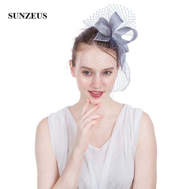 

Linen Bow Bridal Hats with Face Veil Hair Pins Wedding Hair Accessories for Women Grey chapeau mariage vert SH82