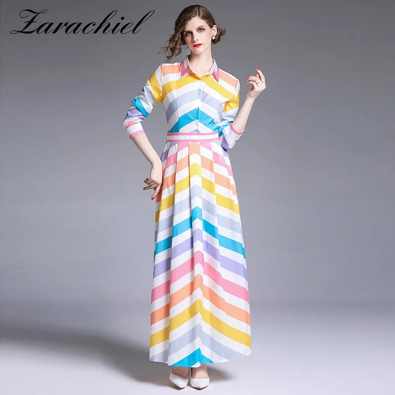 

Designer Runway Candy Color Striped Maxi Dress 2019 Autumn Women Turn-Down Collar Single-Breasted Elegant Long Shirt Dress