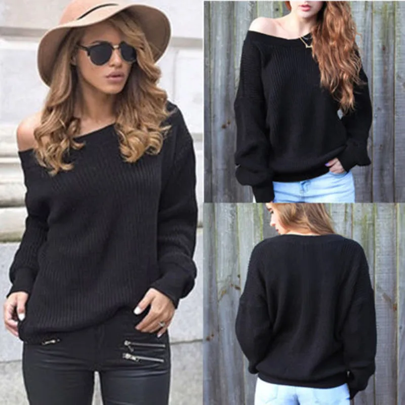 Womens Fashion Sexy Off Shoulder Baggy Sweaters Ladies Tops Chunky