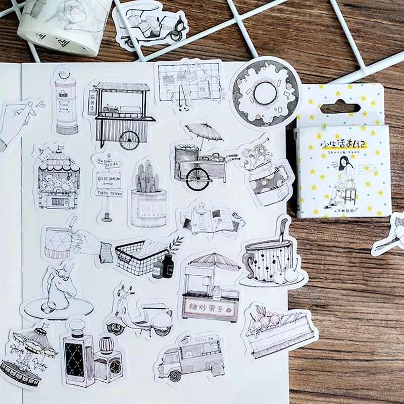 

46 Pcs/lot Novelty Sketch Book Life Paper Stickers DIY Ablum Diary Book Decorative Scrapbooking Label Seals Stationery Supplies